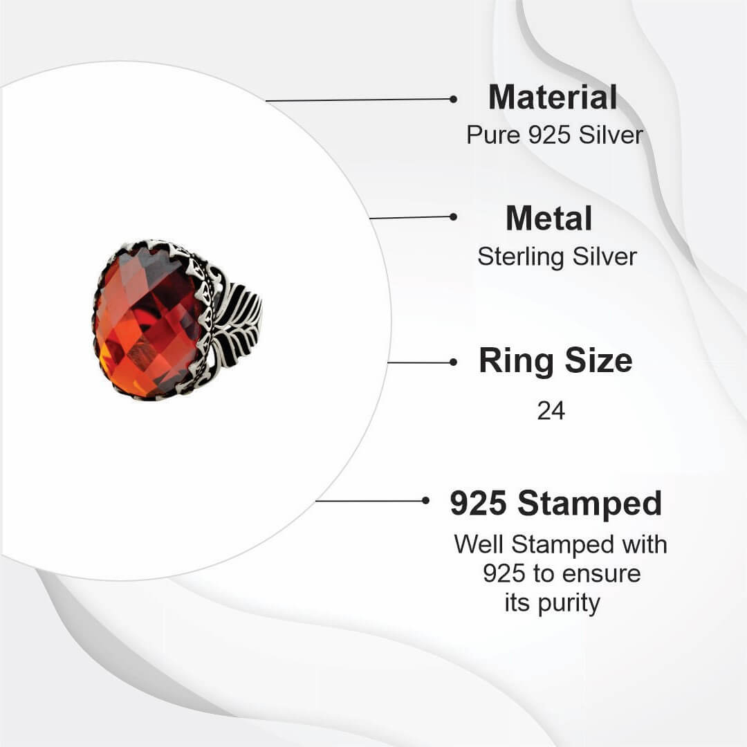 Azita 925 Sterling Silver Red Stone Turkish Ring for Men and Boys with Certificate of Authenticity and BIS Hallmarked