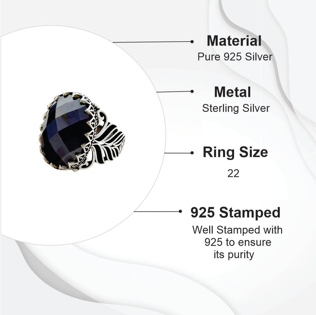 Azita 925 Sterling Silver Black Stone Turkish ring for Men and Boys with Certificate of Authenticity and BIS Hallmark.