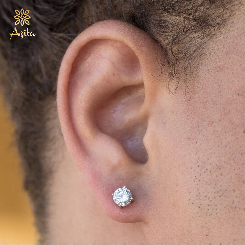 Azita 925 Sterling Silver Round Shape CZ Studs for Men and Boys with Certificate of Authenticity and 925 Stamp