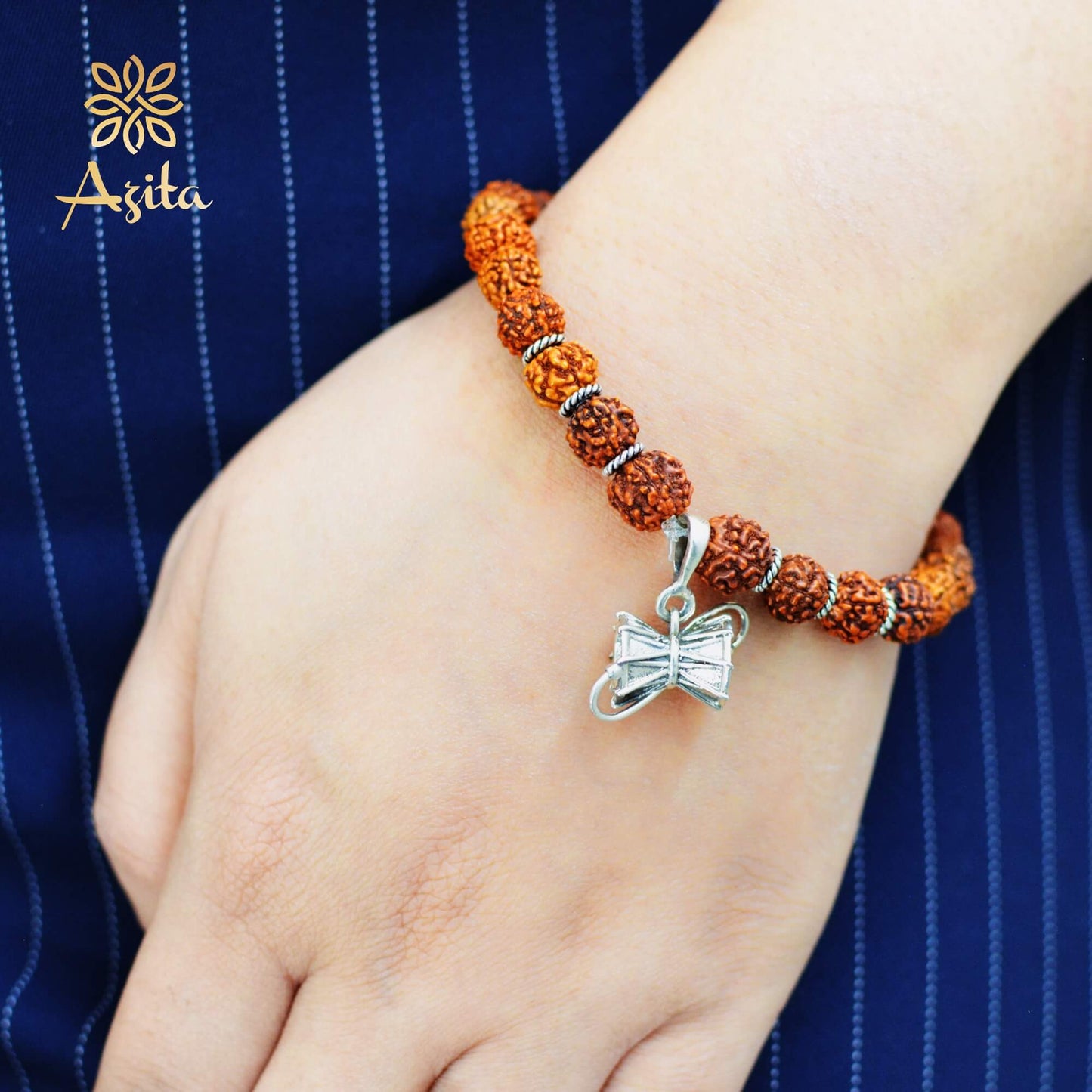 Azita 925 Sterling Silver Flexible Rudraksha Bracelet with God Shiv Damru charm for Men and Women| With Certificate of Authenticity and BIS Hallmark