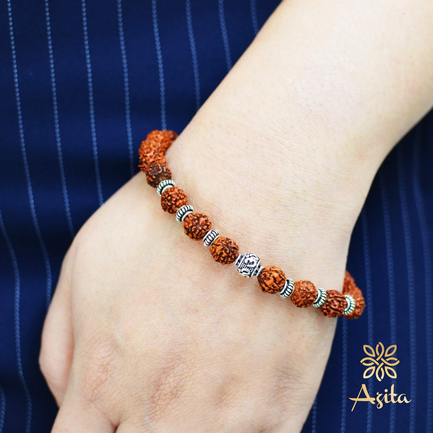 Azita 925 Sterling Silver Flexible Rudraksha Bracelet for Men and Women|Silver Om & Spiral Beads| With Certificate of Authenticity
