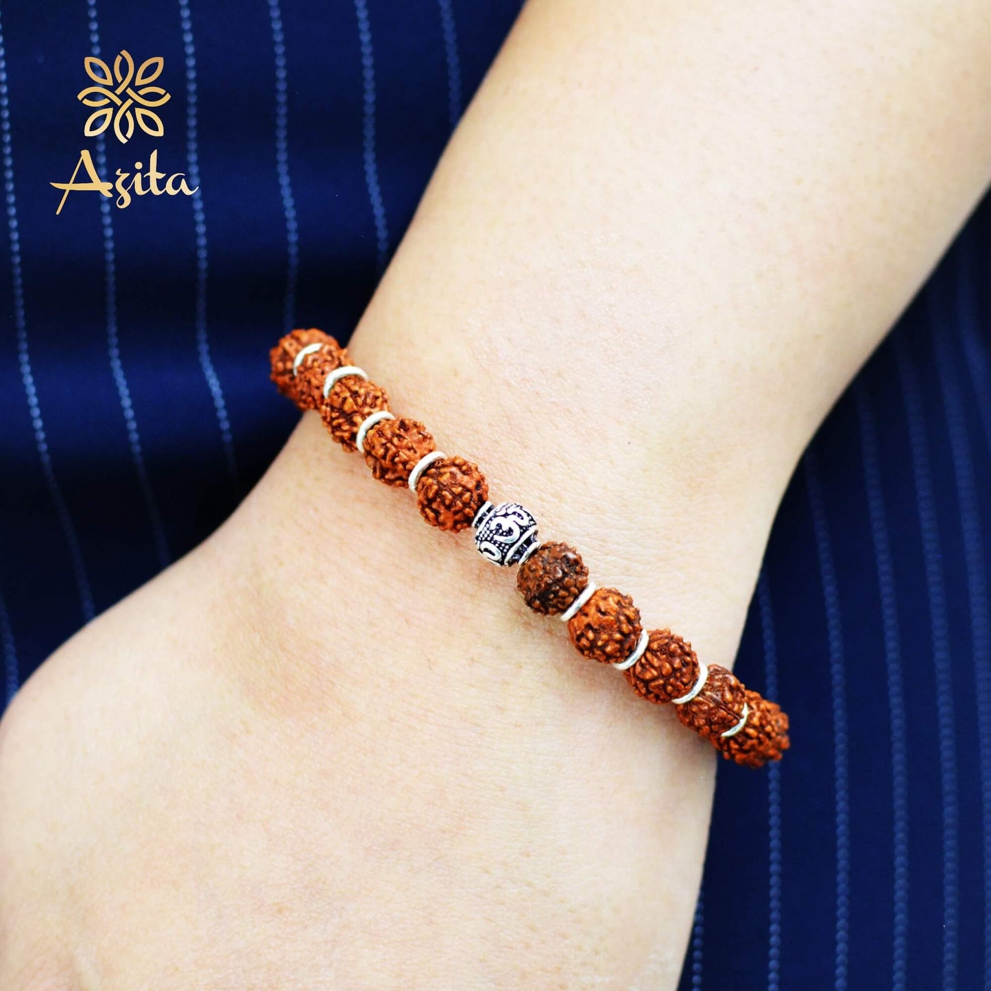 Azita 925 Sterling Silver Flexible Rudraksha Bracelet for Men and Women|Silver Om & Plain Beads| With Certificate of Authenticity