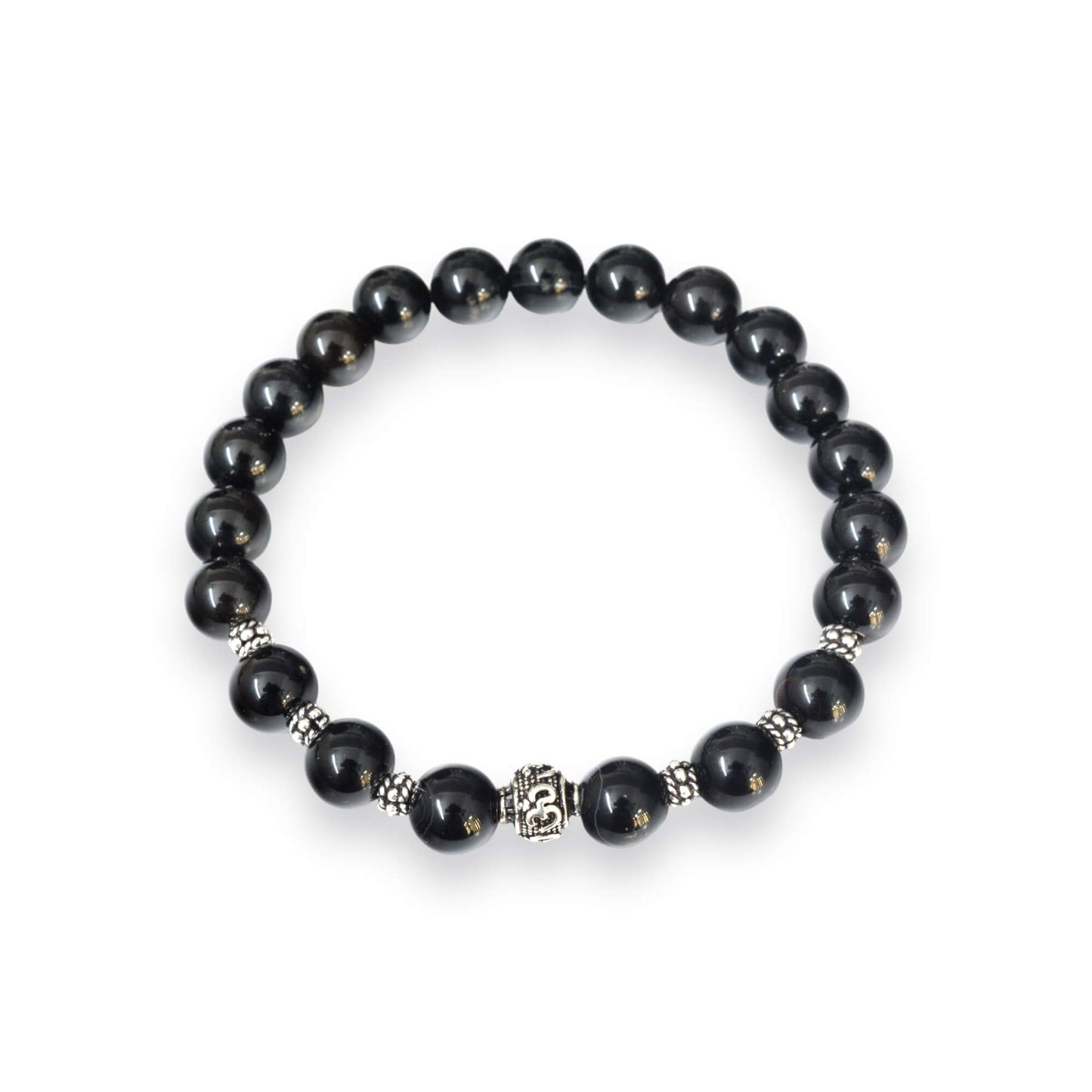 Azita 925 Sterling Silver Flexible Black Onyx Bracelet for Men and Women|Silver Om & Spiral Beads| With Certificate of Authenticity