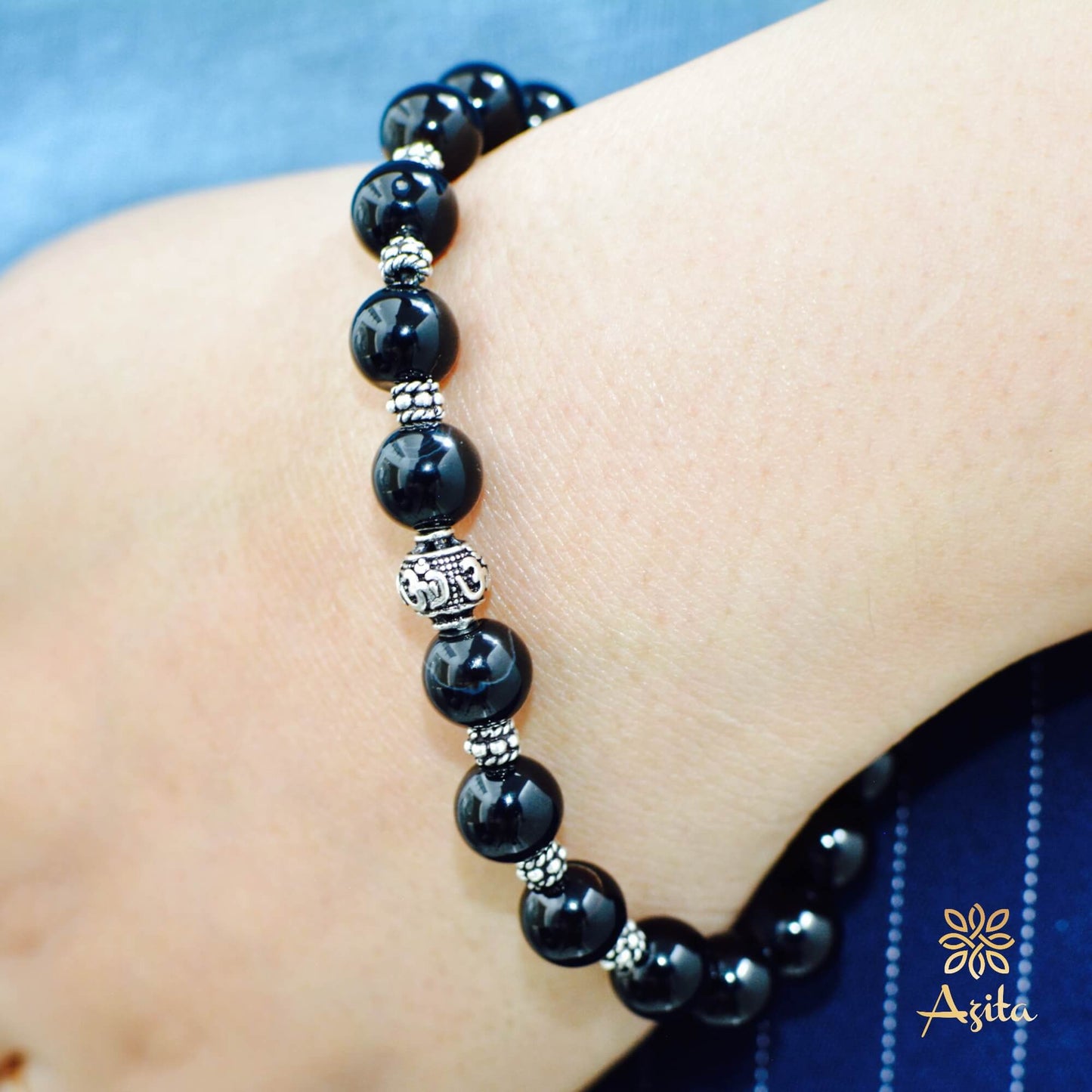 Azita 925 Sterling Silver Flexible Black Onyx Bracelet for Men and Women|Silver Om & Spiral Beads| With Certificate of Authenticity