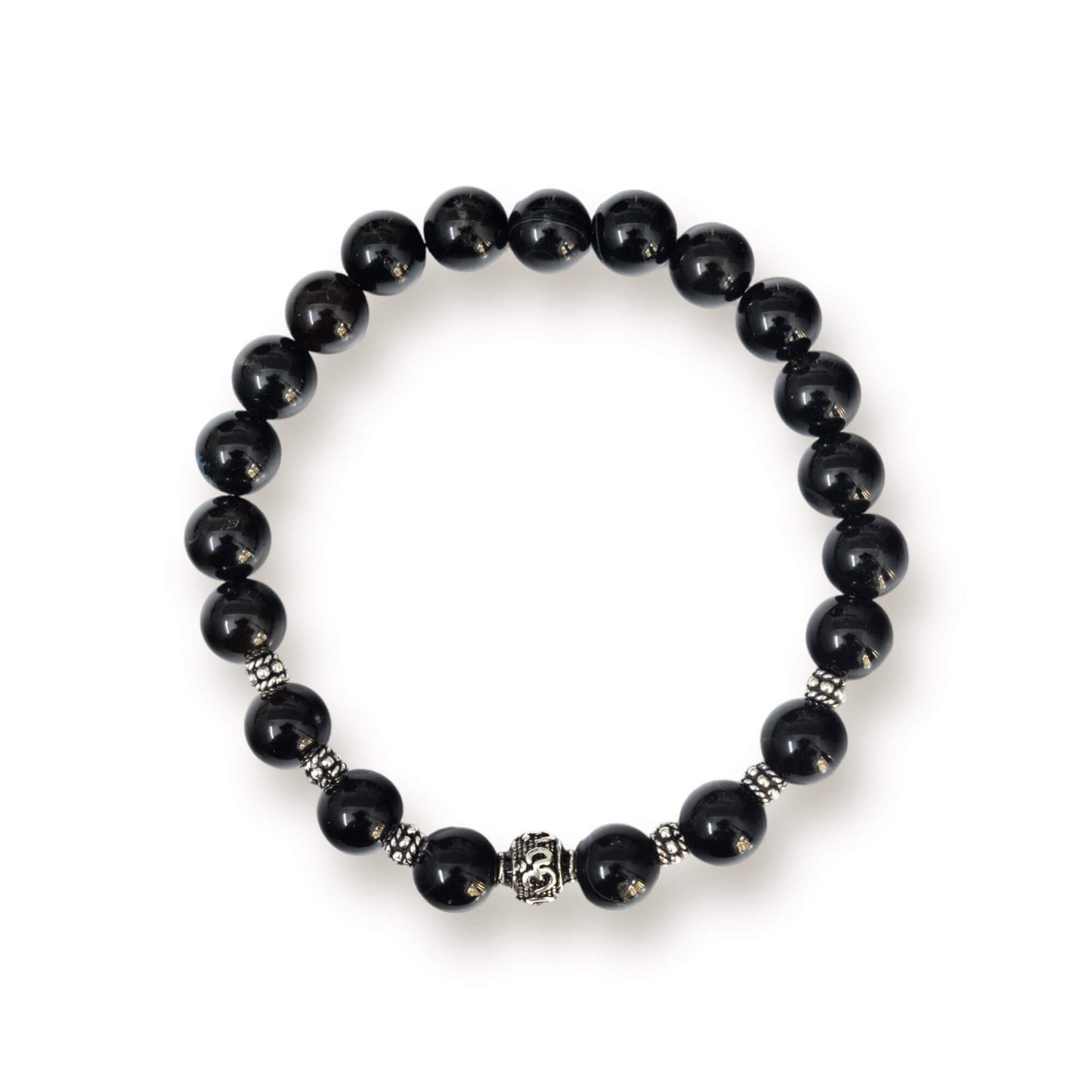 Azita 925 Sterling Silver Flexible Black Onyx Bracelet for Men and Women|Silver Om & Spiral Beads| With Certificate of Authenticity