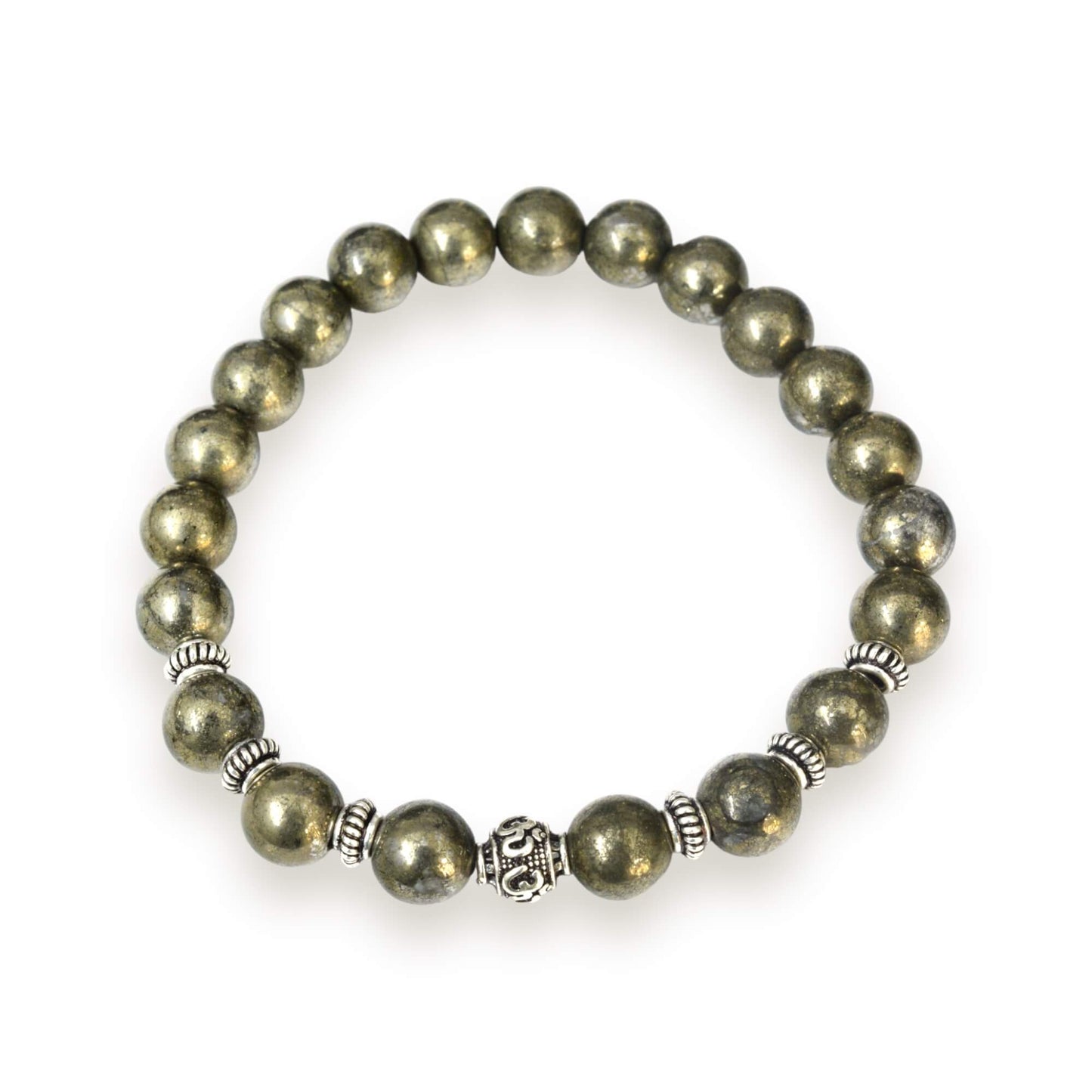 Azita 925 Sterling Silver Flexible Pyrite Bracelet for Men and Women|Silver Om & Spiral Beads| With Certificate of Authenticity