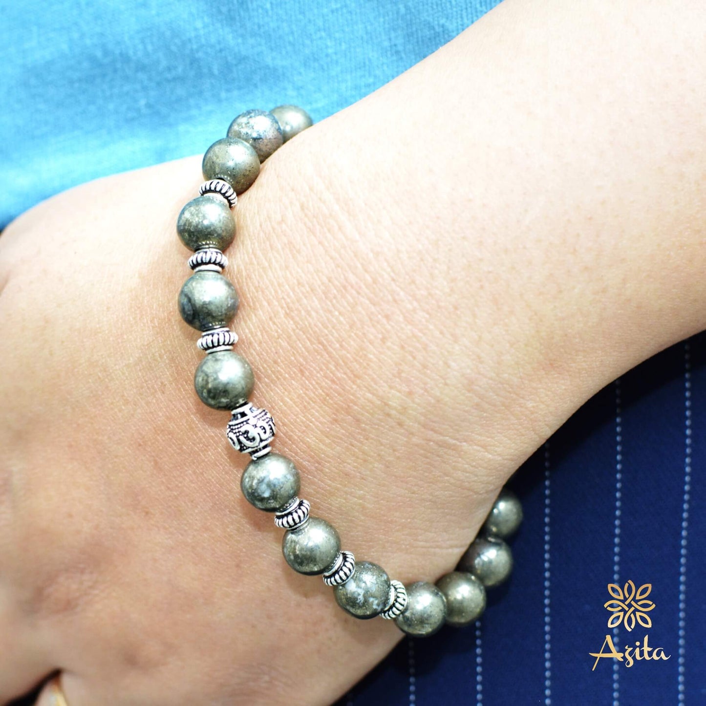 Azita 925 Sterling Silver Flexible Pyrite Bracelet for Men and Women|Silver Om & Spiral Beads| With Certificate of Authenticity