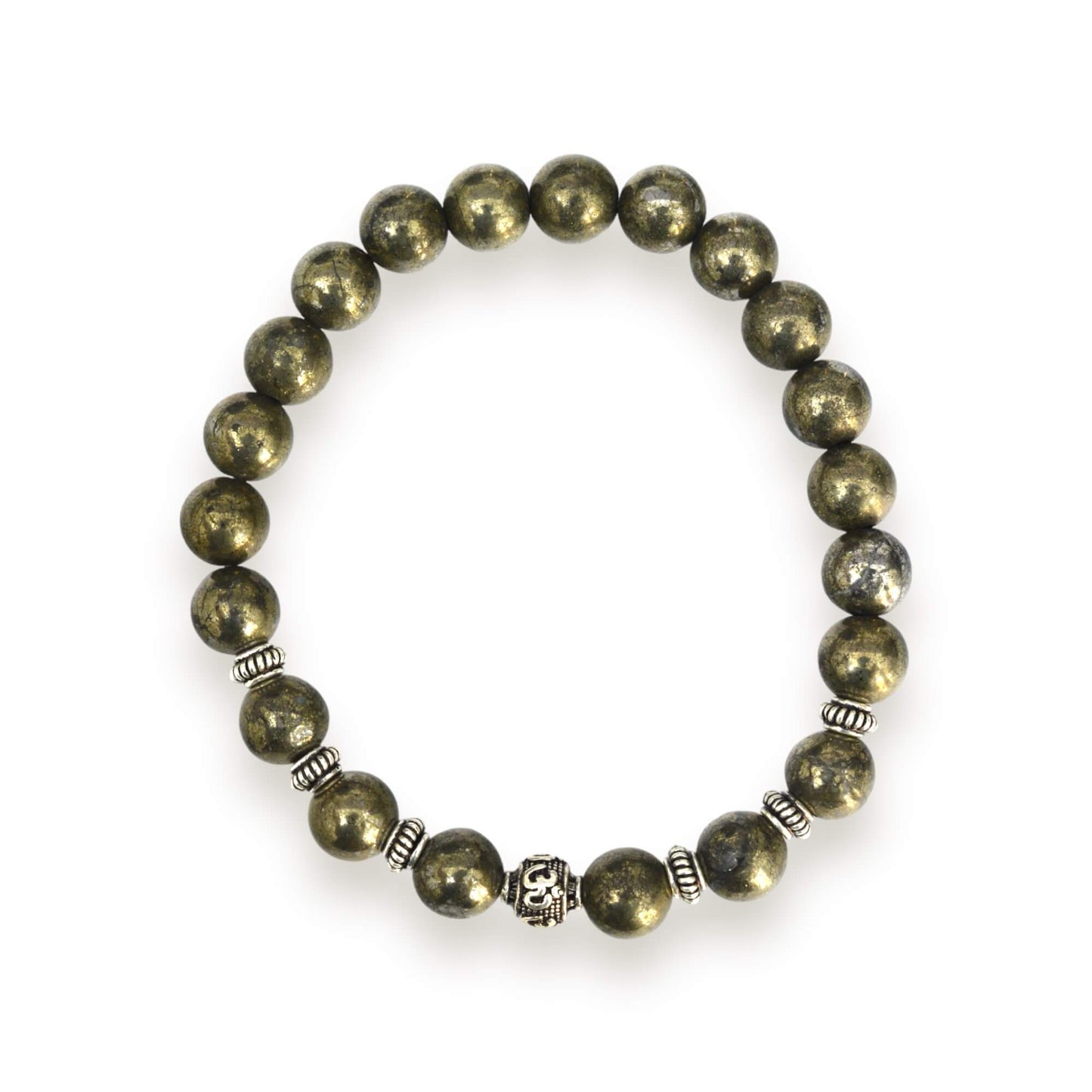 Azita 925 Sterling Silver Flexible Pyrite Bracelet for Men and Women|Silver Om & Spiral Beads| With Certificate of Authenticity