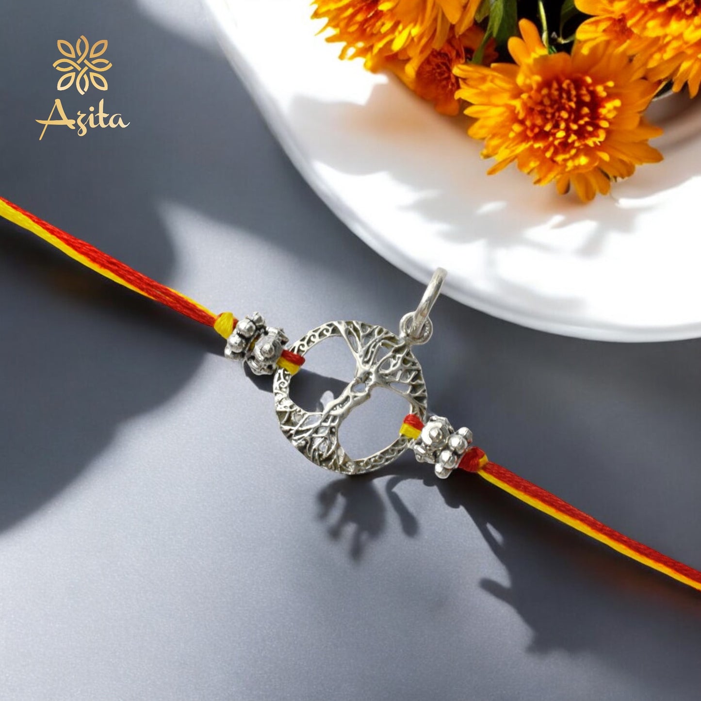 Azita 925 Sterling Silver 2-in-1 Rakhi for Men and Women| Man and women Embraced in Tree of Life| With Certificate of Authenticity and BIS Hallmark.