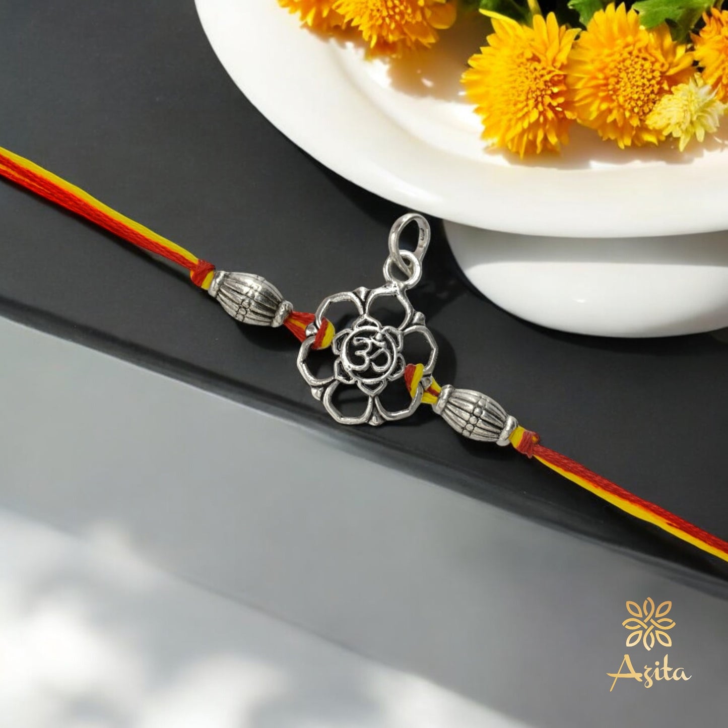 Azita 925 Sterling Silver 2-in-1 Rakhi for Men and Women| Om in Flower | With Certificate of Authenticity and BIS Hallmark.
