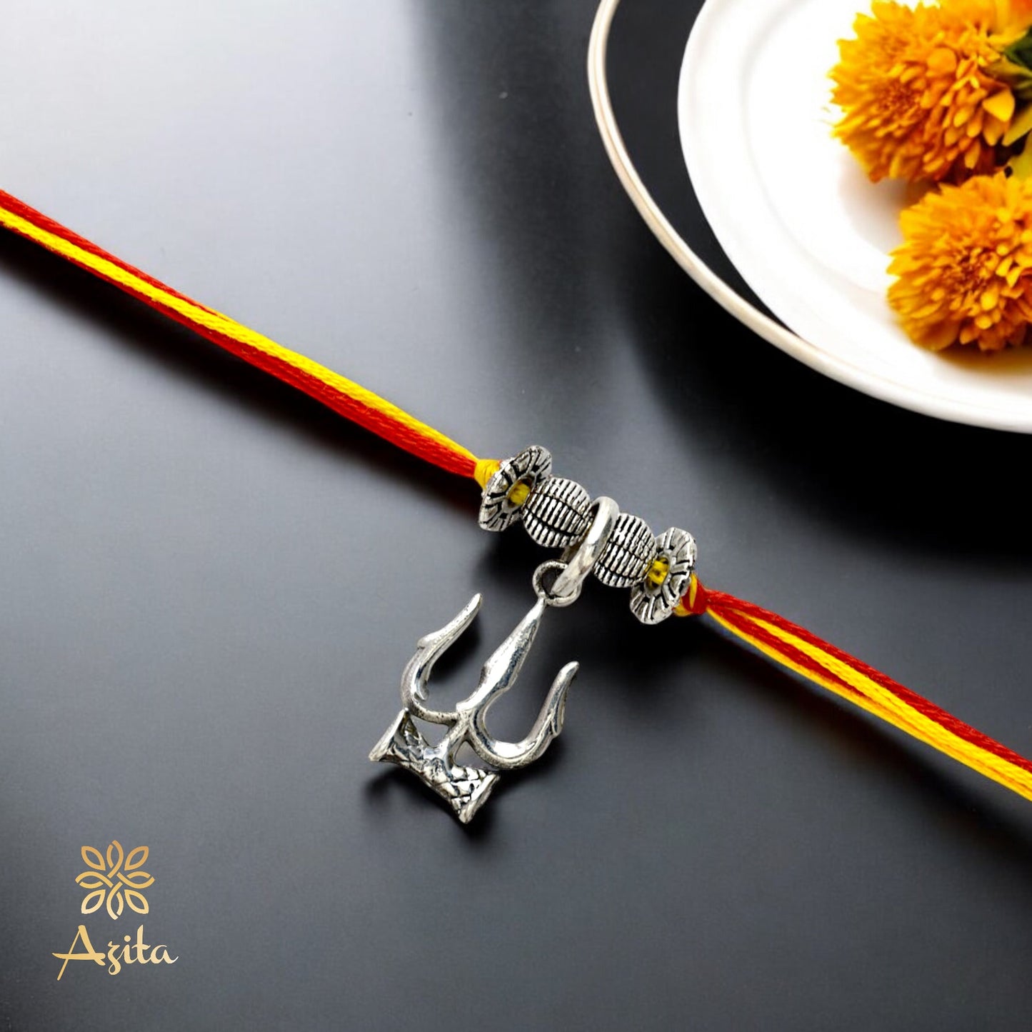 Azita 925 Sterling Silver 2-in-1 Rakhi for Men and Women| Shiv Trishul| With Certificate of Authenticity and BIS Hallmark.