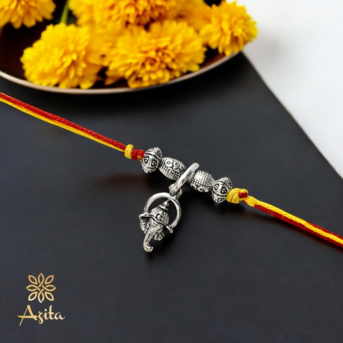 Azita 925 Sterling Silver 2-in-1 Rakhi for Men and Women| Ganesh | With Certificate of Authenticity and BIS Hallmark.