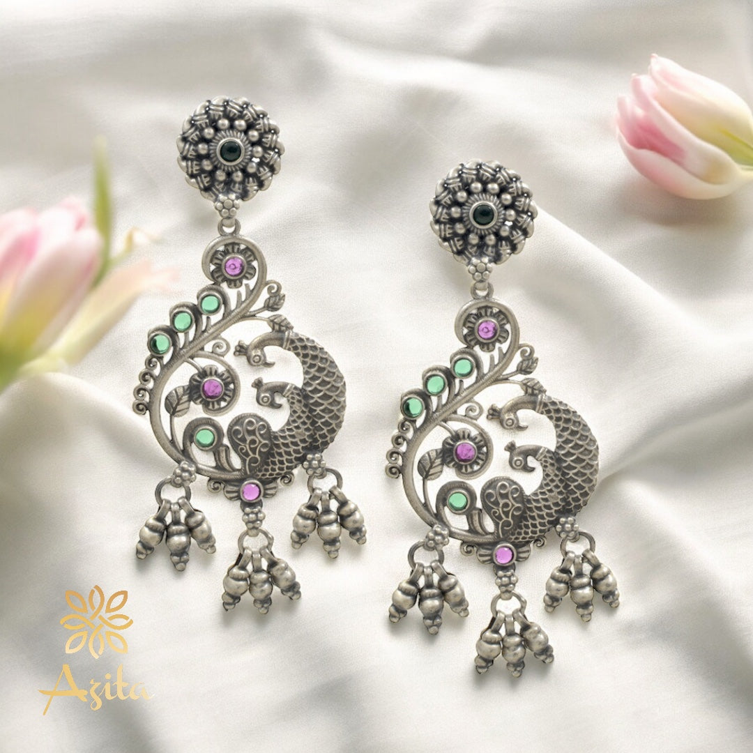 Azita 925 Sterling Silver Oxidised Big Peacock Dangle and Drop Earrings for Women and Girls| with certificate of authenticity and 925 stamp.