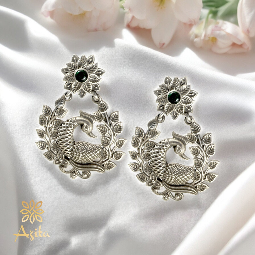 Azita 925 Sterling Silver Oxidised Leafy Peacock Dangle and Drop Earrings for Women and Girls| with certificate of authenticity and 925 stamp.