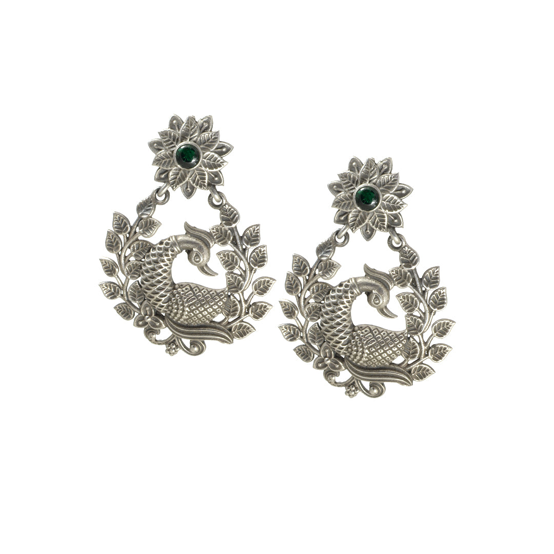 Azita 925 Sterling Silver Oxidised Leafy Peacock Dangle and Drop Earrings for Women and Girls| with certificate of authenticity and 925 stamp.