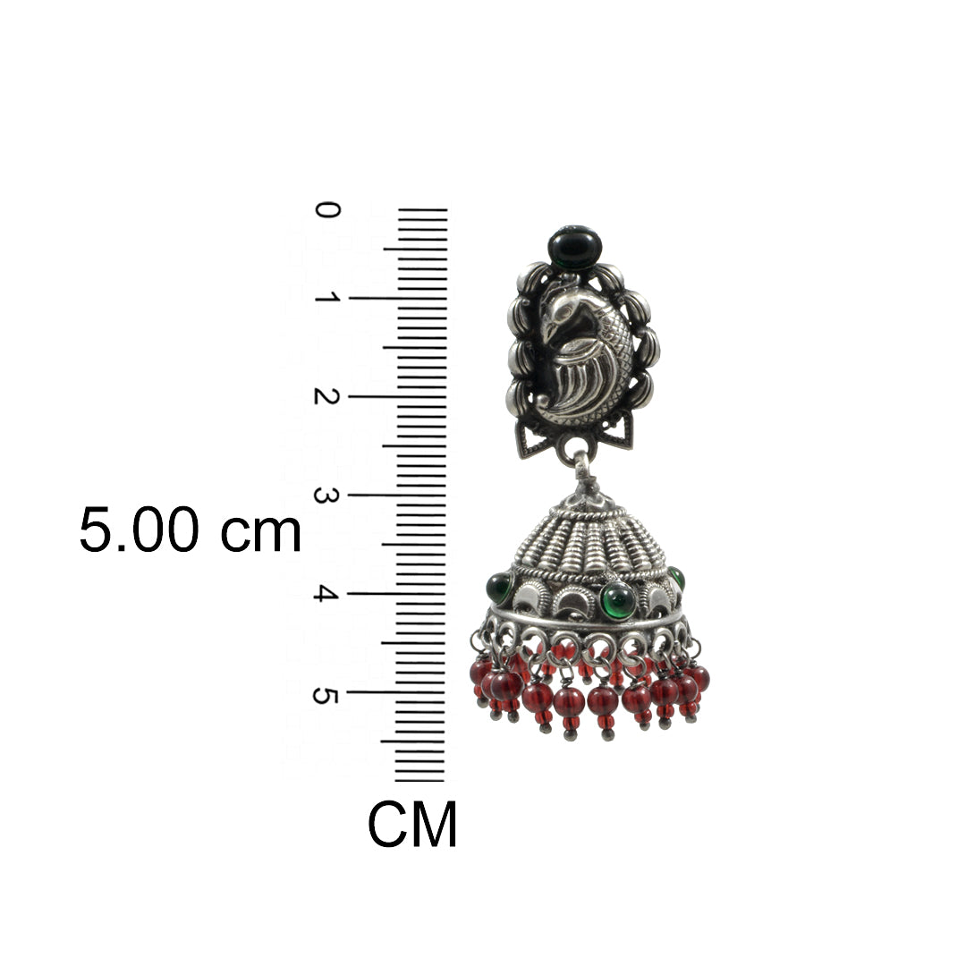 Azita 925 Sterling Silver Oxidised Peacock Jhumki Earrings for Women and Girls| Red Beads at bottom| with certificate of authenticity and 925 stamp.