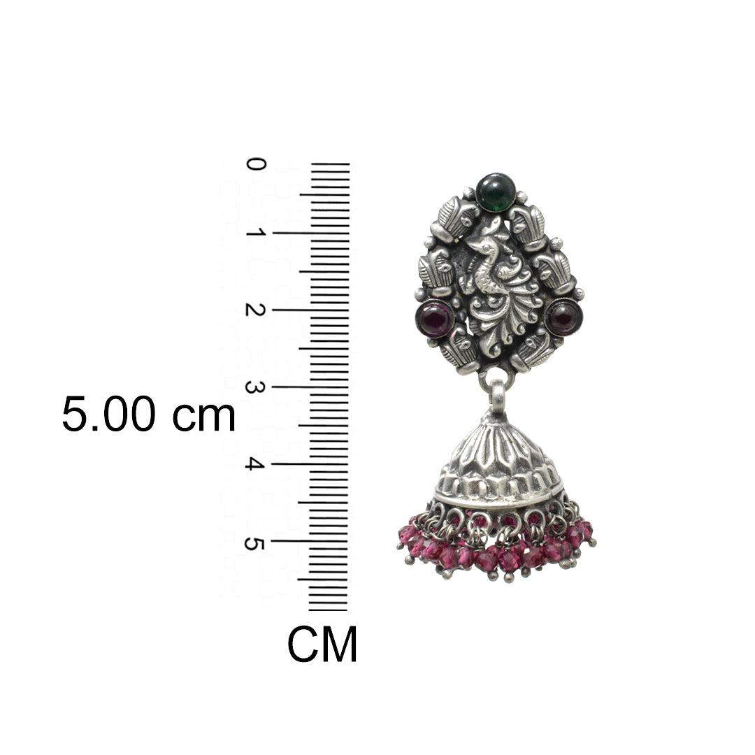 Azita 925 Sterling Silver Oxidised Peacock Jhumki Earrings for Women and Girls| Red Beads at bottom| with certificate of authenticity and 925 stamp.