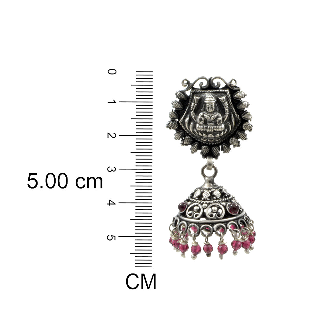 Azita 925 Sterling Silver oxidised laxmi Jhumki Earrings for women and girls| Red Beads at bottom| with certificate of authenticity and 925 stamp.