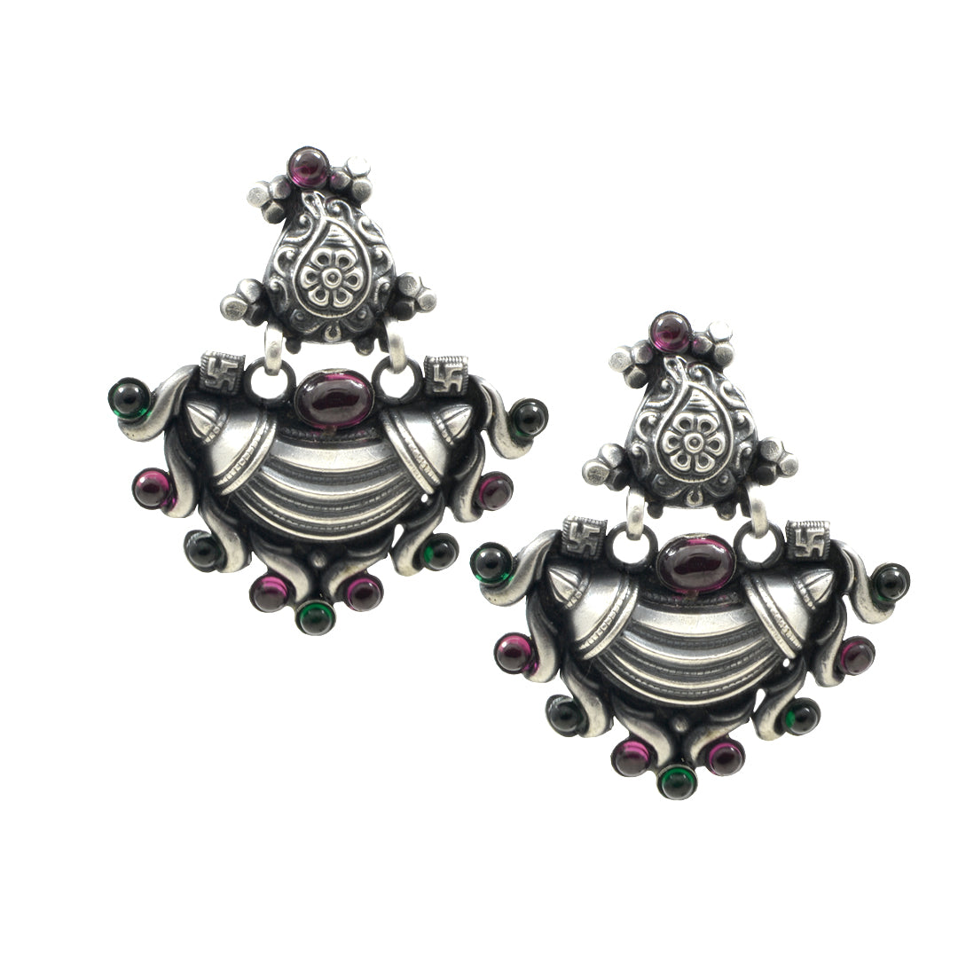 Azita 925 Sterling Silver Oxidised Dangle and Drop Chandbali Earrings for Women and Girls | Red & Green Stone with Certificate of Authenticity and 925 Stamp.