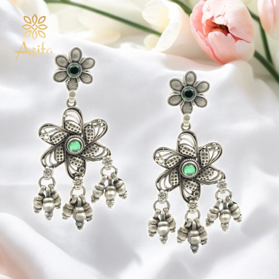 Azita 925 Sterling Silver Oxidised Flower Dangle and Drop Earrings for Women and Girls| Green Beads at center| with certificate of authenticity and 925 stamp.