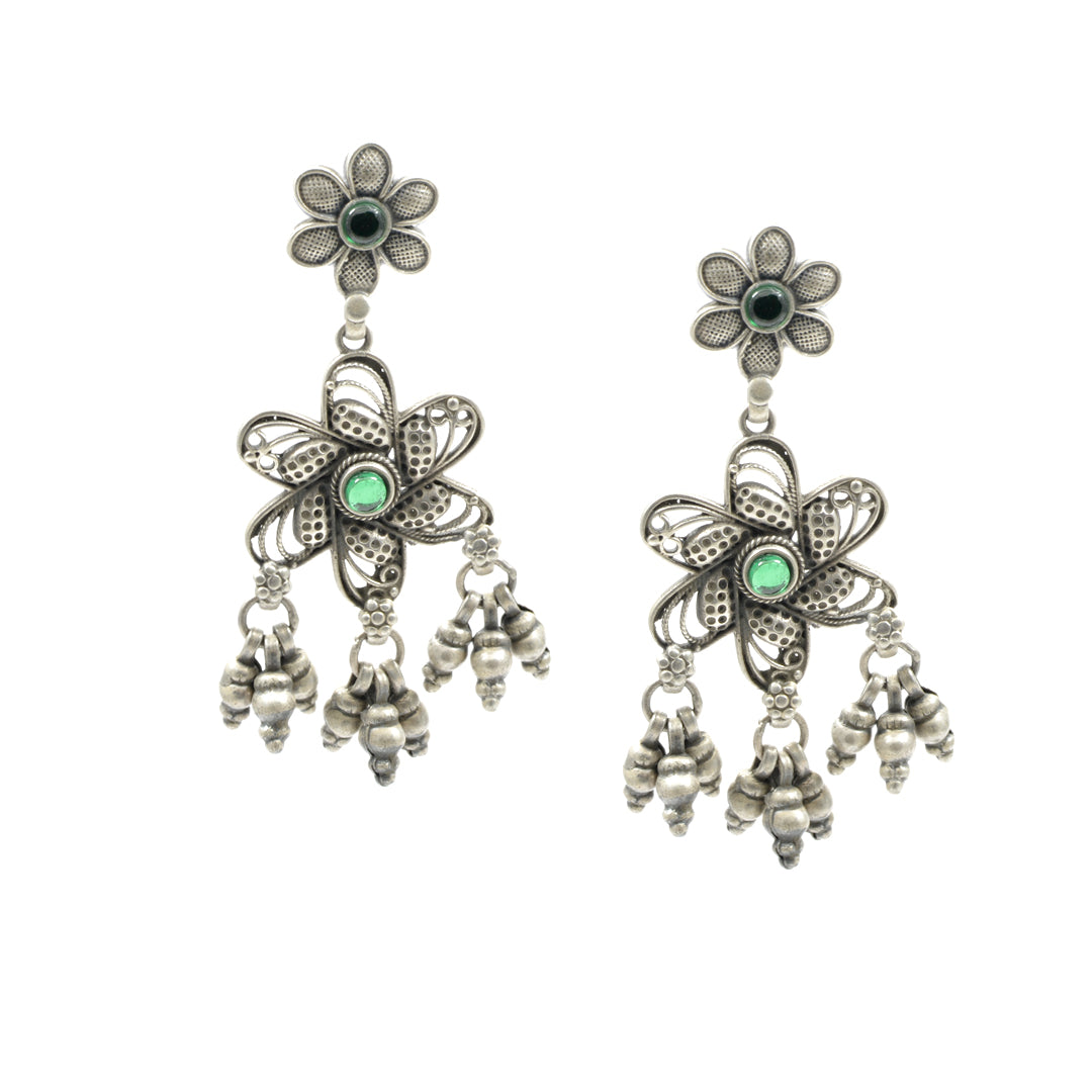 Azita 925 Sterling Silver Oxidised Flower Dangle and Drop Earrings for Women and Girls| Green Beads at center| with certificate of authenticity and 925 stamp.