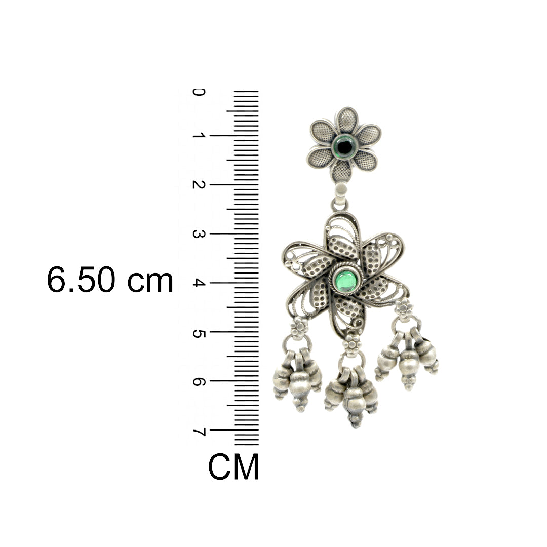 Azita 925 Sterling Silver Oxidised Flower Dangle and Drop Earrings for Women and Girls| Green Beads at center| with certificate of authenticity and 925 stamp.