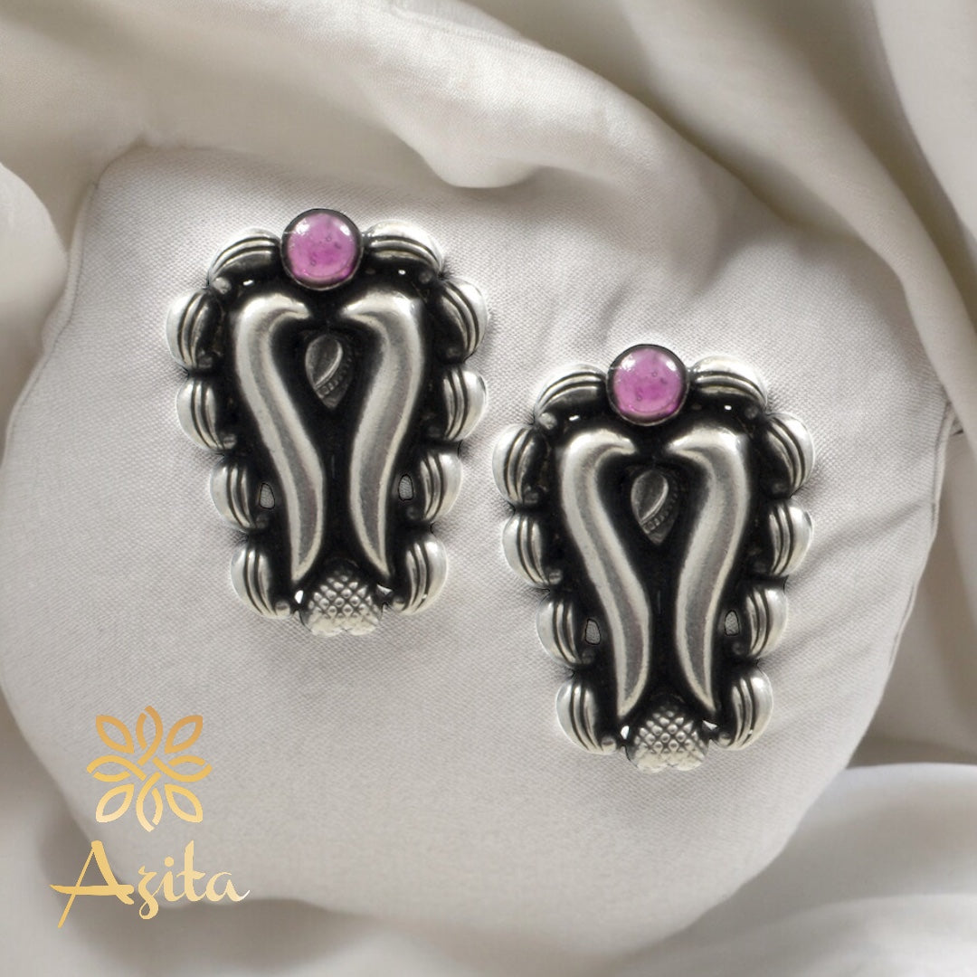Azita 925 Sterling Silver oxidised Big Studs earrings for women and girls| Pink Stone at Top| with certificate of authenticity and 925 stamp.