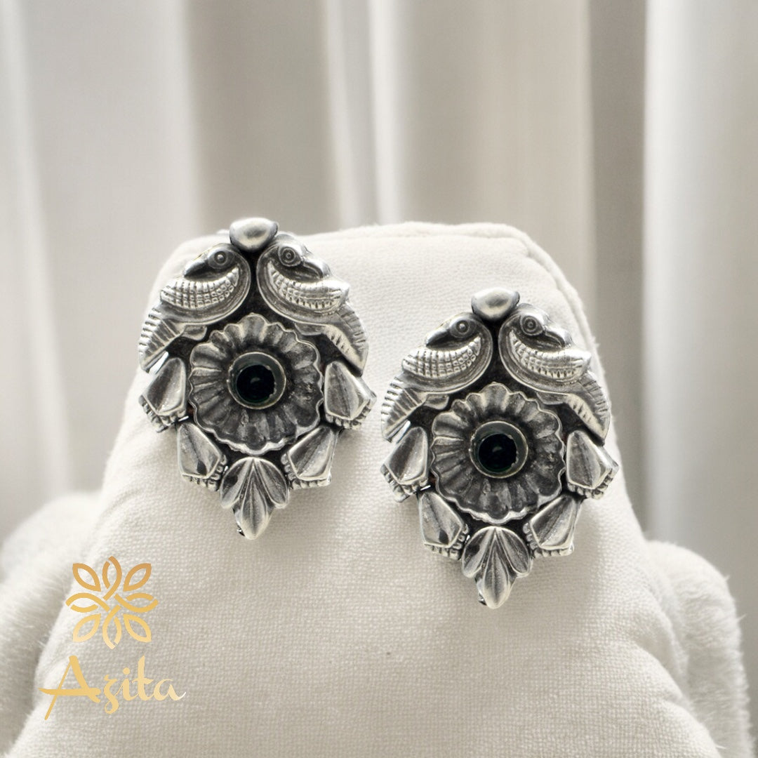 Azita 925 Sterling Silver oxidised Peacock Studs earrings for women and girls | Green Stone at Centre| with certificate of authenticity and 925 stamp.
