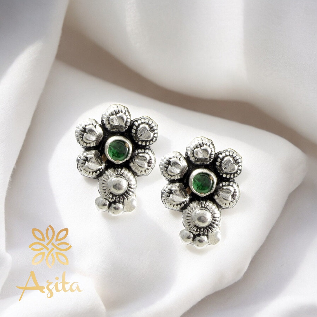 Azita 925 Sterling Silver oxidised Flower Studs earrings for women and girls| Green Stone at Centre| with certificate of authenticity and 925 stamp.
