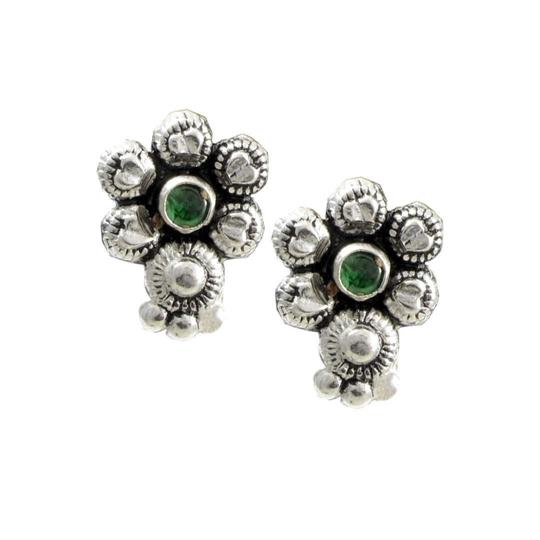 Azita 925 Sterling Silver oxidised Flower Studs earrings for women and girls| Green Stone at Centre| with certificate of authenticity and 925 stamp.