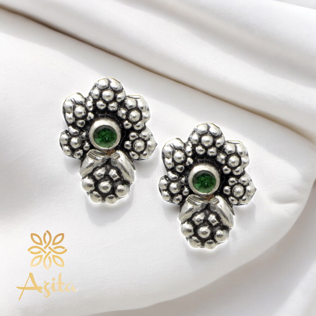 Azita 925 Sterling Silver oxidised Flower Studs earrings for women and girls| Green Stone| with certificate of authenticity and 925 stamp.