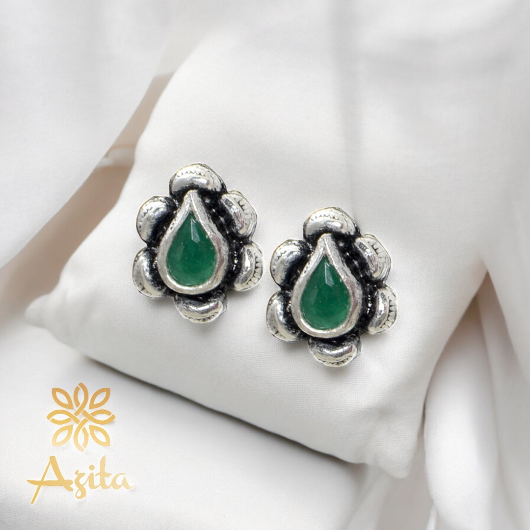Azita 925 Sterling Silver oxidised Flower Studs earrings for women and girls |Drop Green Stone| with certificate of authenticity and 925 stamp.