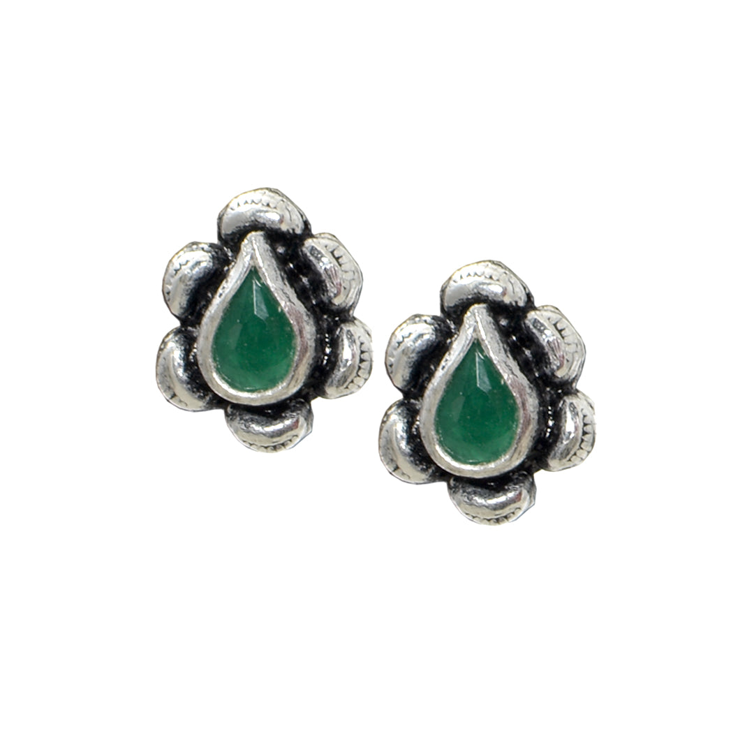 Azita 925 Sterling Silver oxidised Flower Studs earrings for women and girls |Drop Green Stone| with certificate of authenticity and 925 stamp.