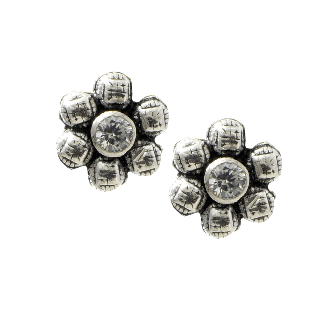 Azita 925 Sterling Silver oxidised Flower Studs earrings for women and girls |White Stone at Centre| with certificate of authenticity and 925 stamp.