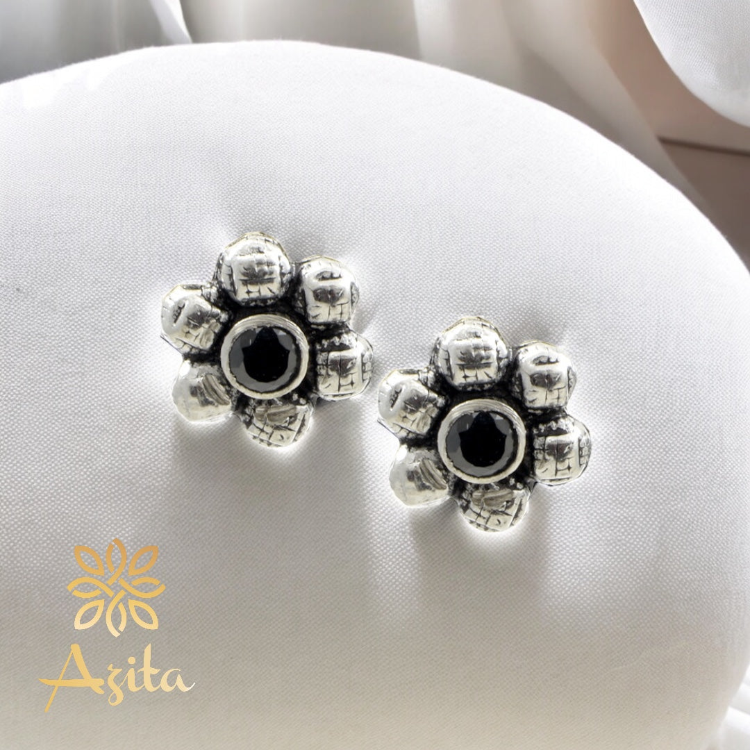 Azita 925 Sterling Silver oxidised Flower Studs earrings for women and girls |Black Stone at Centre| with certificate of authenticity and 925 stamp.
