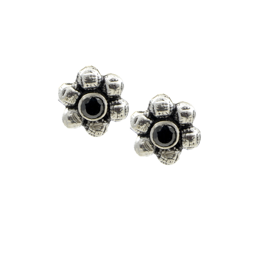 Azita 925 Sterling Silver oxidised Flower Studs earrings for women and girls |Black Stone at Centre| with certificate of authenticity and 925 stamp.
