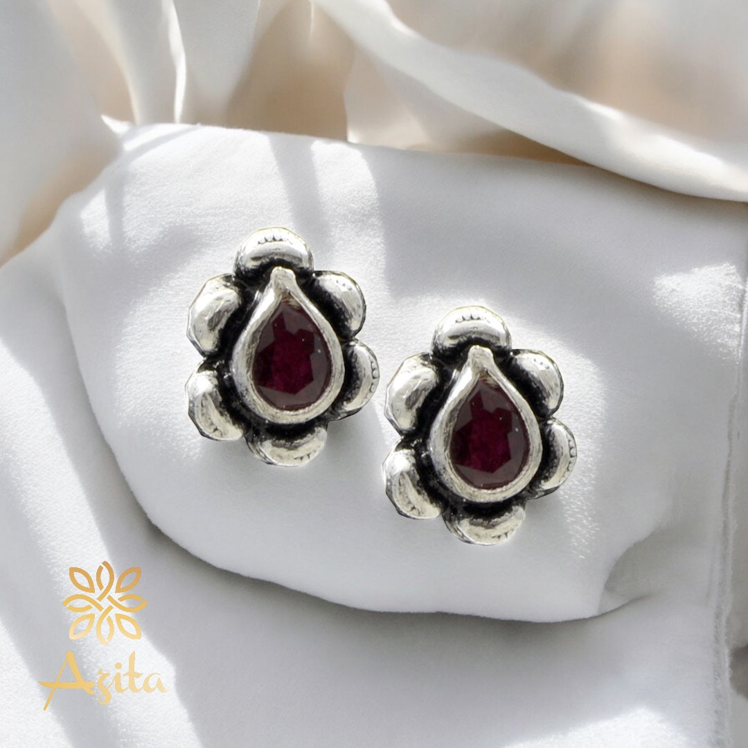 Azita 925 Sterling Silver oxidised Flower Studs earrings for women and girls |Drop Pink Stone| with certificate of authenticity and 925 stamp.