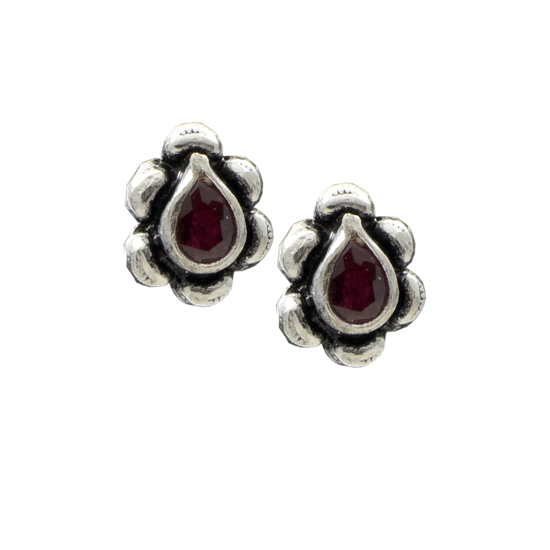 Azita 925 Sterling Silver oxidised Flower Studs earrings for women and girls |Drop Pink Stone| with certificate of authenticity and 925 stamp.
