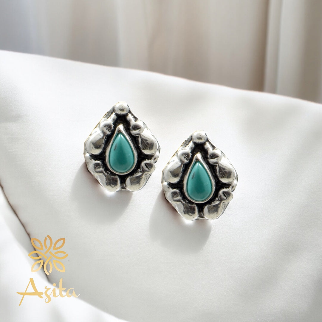 Azita 925 Sterling Silver oxidised Flower Studs earrings for women and girls |Drop Aqua Stone| with certificate of authenticity and 925 stamp.