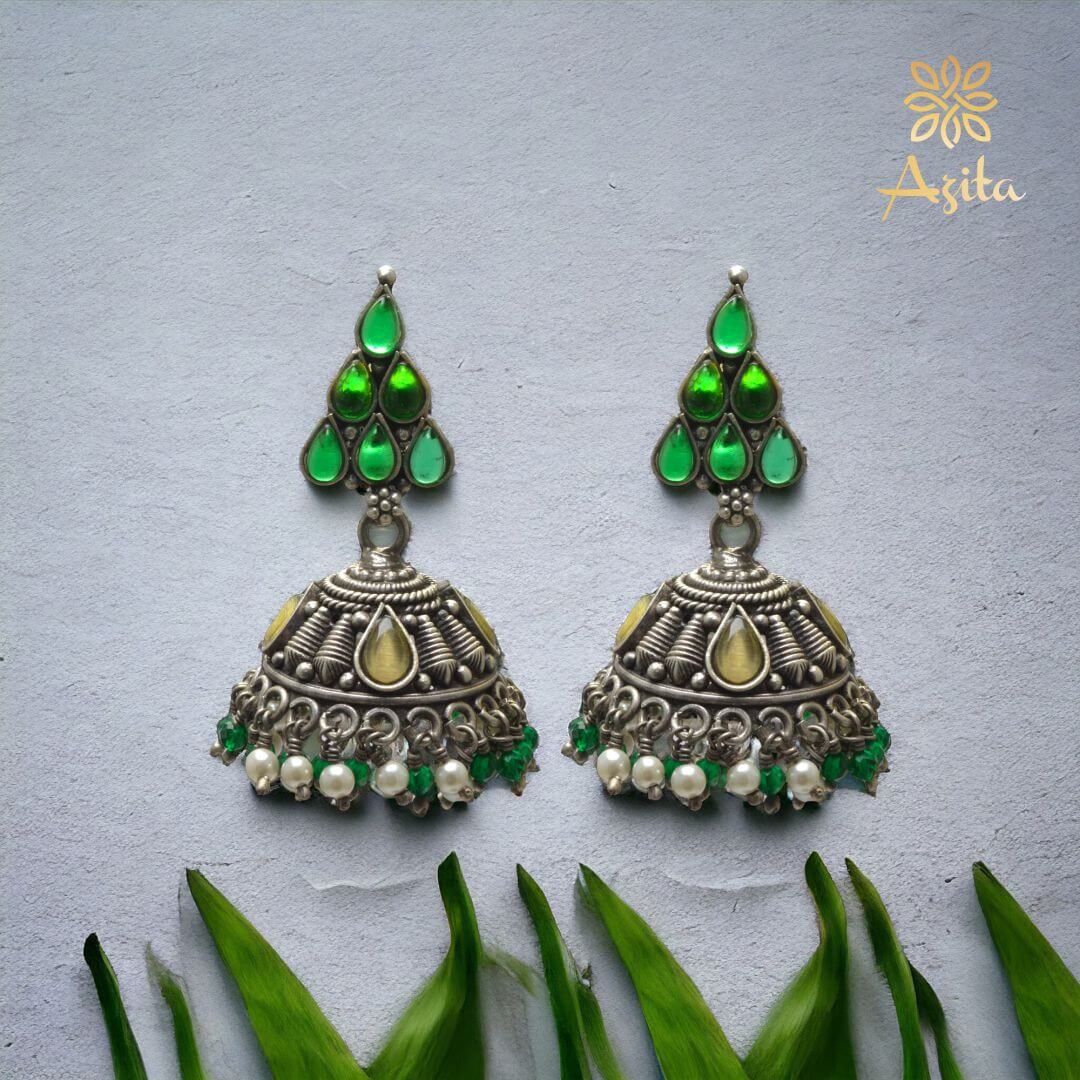 Azita 925 Sterling Silver Oxidised Jhumki Earrings for Women and Girls| Green Pyramid Top | With Certificate of Authenticity & 925 Stamp|