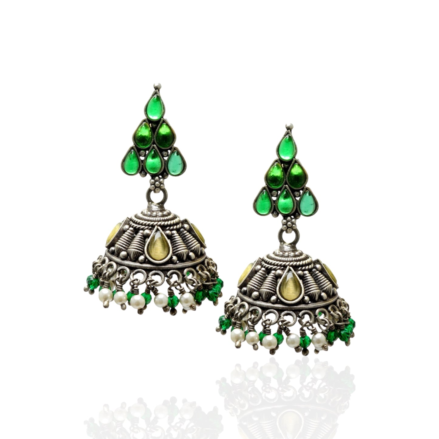Azita 925 Sterling Silver Oxidised Jhumki Earrings for Women and Girls| Green Pyramid Top | With Certificate of Authenticity & 925 Stamp|