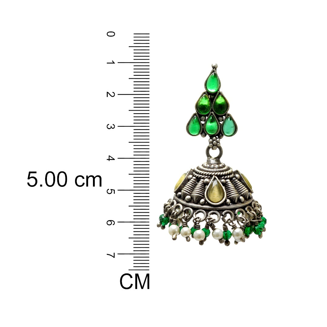 Azita 925 Sterling Silver Oxidised Jhumki Earrings for Women and Girls| Green Pyramid Top | With Certificate of Authenticity & 925 Stamp|