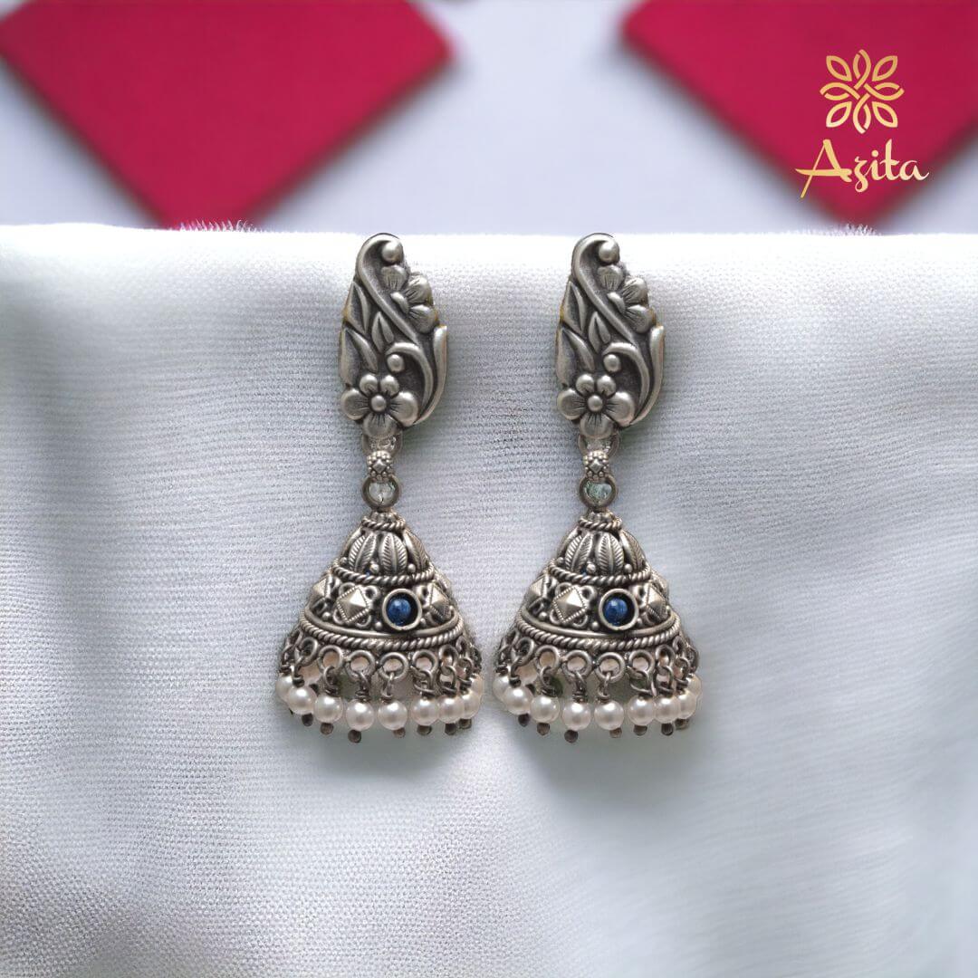 Azita 925 Sterling Silver Oxidised Jhumki Earrings for Women and Girls| Flower Top with Blue Stone | With Certificate of Authenticity & 925 Stamp|