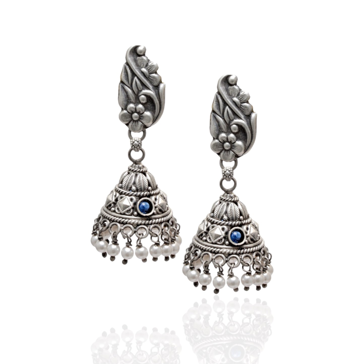 Azita 925 Sterling Silver Oxidised Jhumki Earrings for Women and Girls| Flower Top with Blue Stone | With Certificate of Authenticity & 925 Stamp|