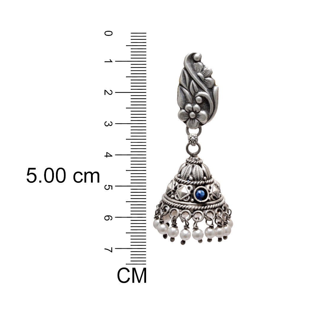 Azita 925 Sterling Silver Oxidised Jhumki Earrings for Women and Girls| Flower Top with Blue Stone | With Certificate of Authenticity & 925 Stamp|