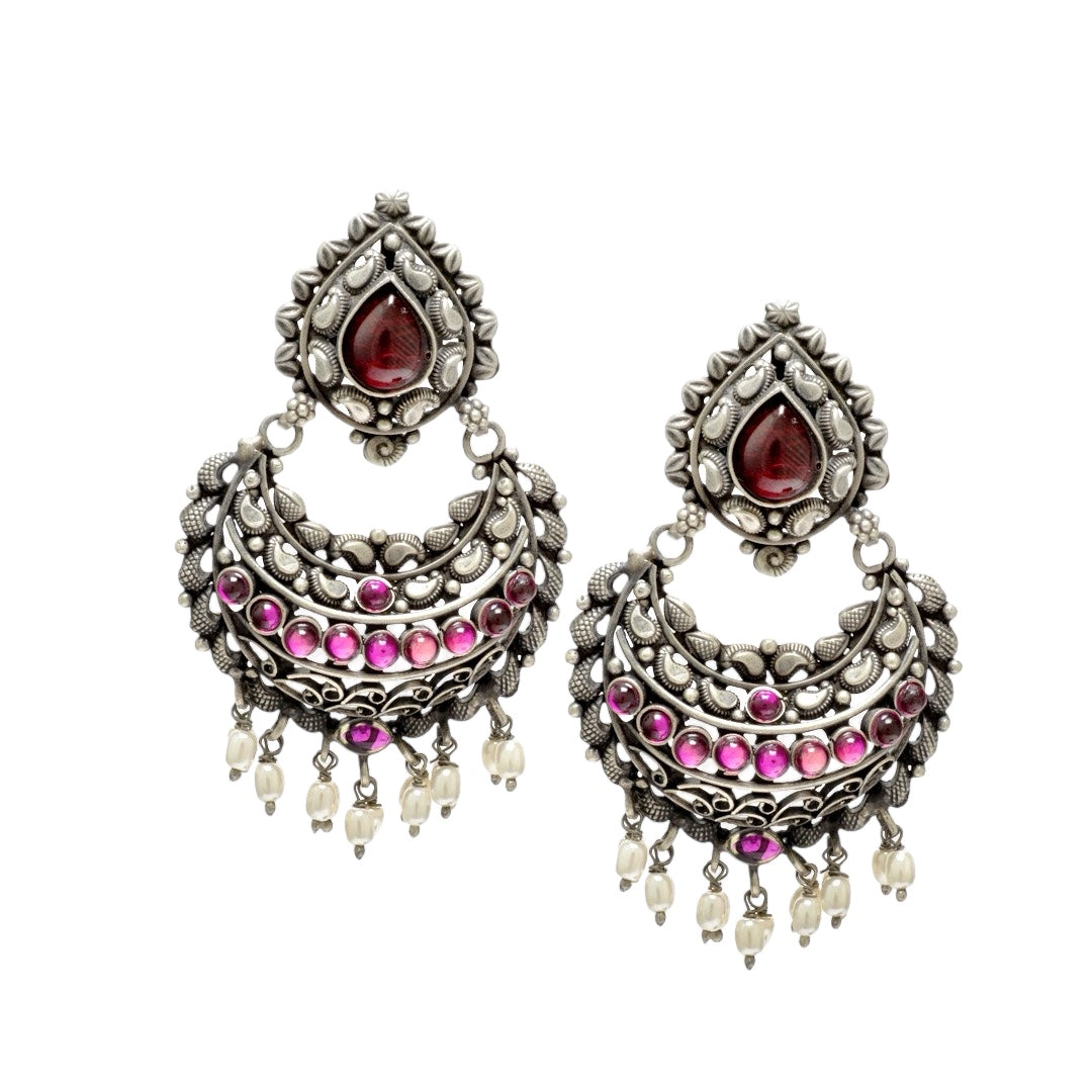 Azita 925 Sterling Silver Oxidised Dangle and Drop Earrings for Women and Girls| Big Pink Stone Chandbali| With Certificate of Authenticity and 925 Stamp.