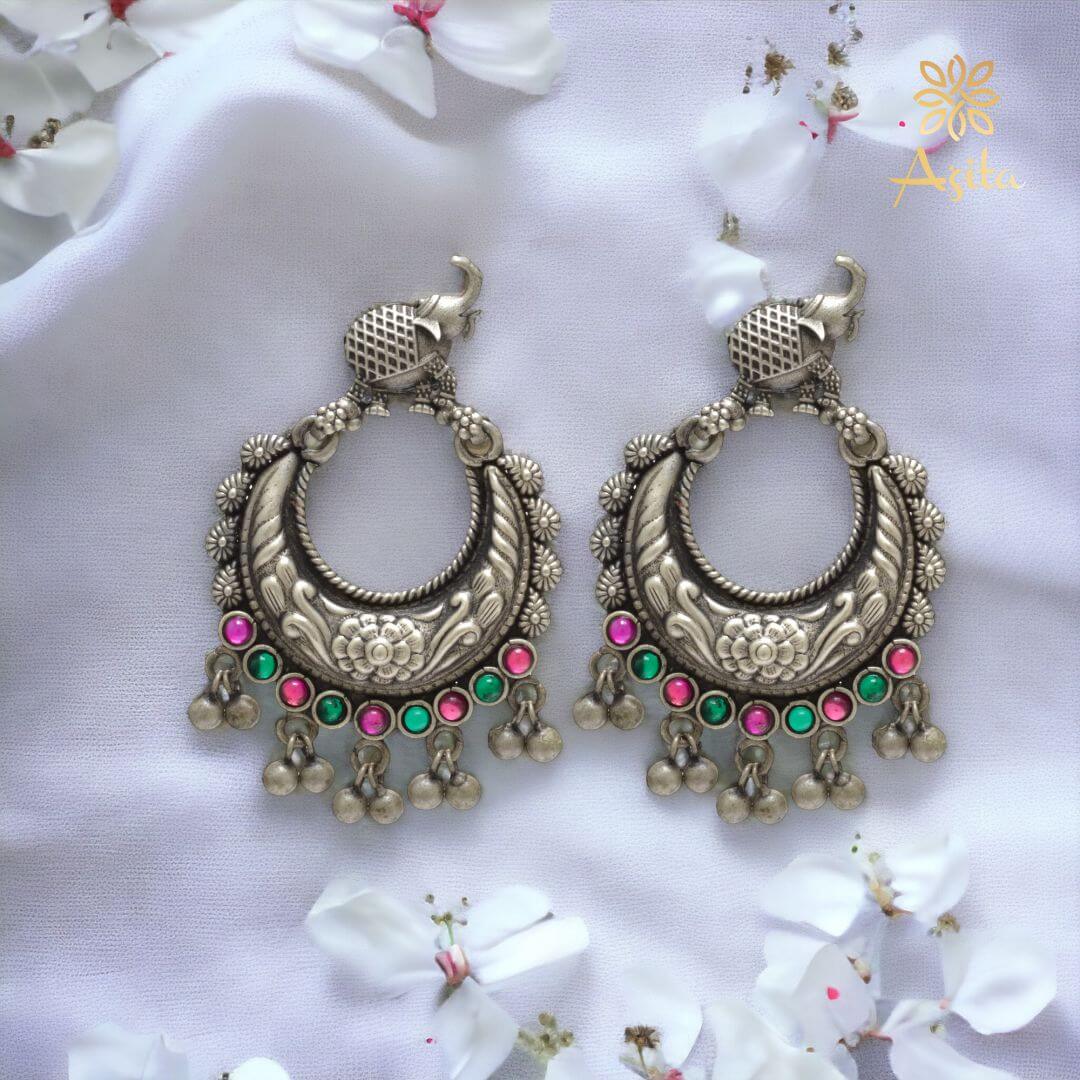 Azita 925 Sterling Silver Oxidised Elephant Dangle and Drop Earrings for Women & Girls| Pink & Green Stone| With Certificate of Authenticity & 925 Stamp.
