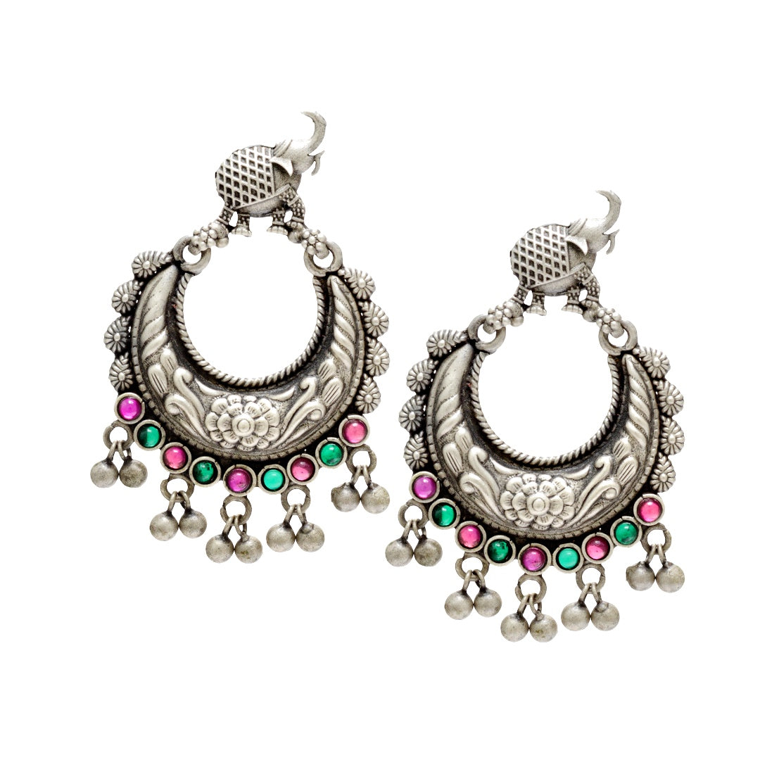 Azita 925 Sterling Silver Oxidised Elephant Dangle and Drop Earrings for Women & Girls| Pink & Green Stone| With Certificate of Authenticity & 925 Stamp.