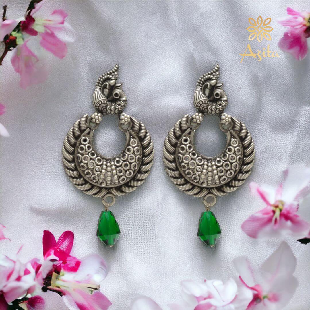 Azita 925 Sterling Silver Oxidised Peacock Dangle and Drop Earrings for Women and Girls| Green Stone Drop| With Certificate of Authenticity and 925 Stamp.