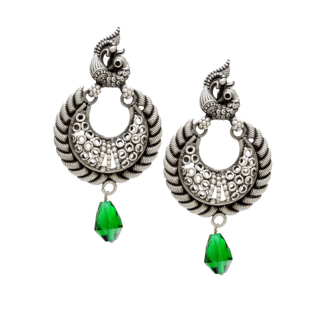Azita 925 Sterling Silver Oxidised Peacock Dangle and Drop Earrings for Women and Girls| Green Stone Drop| With Certificate of Authenticity and 925 Stamp.